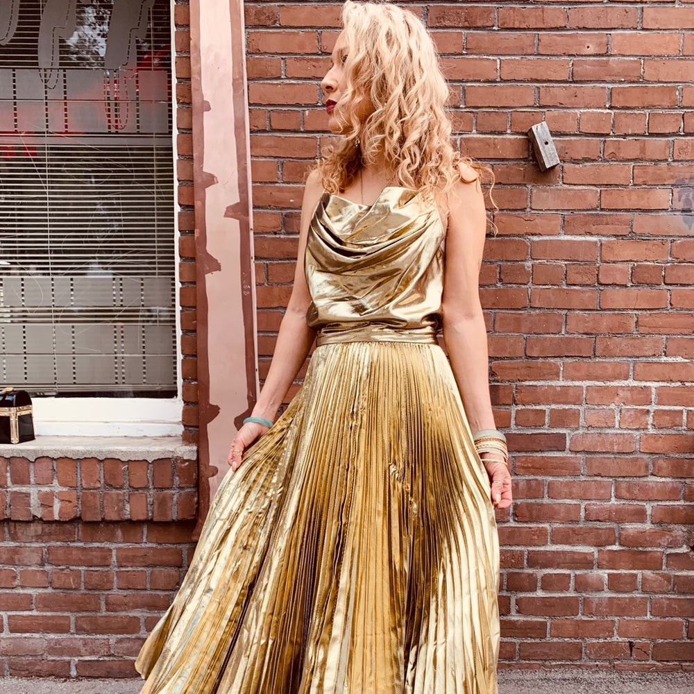 Vtg 80s Metallic Gold Blouse Pleated Skirt Set SM